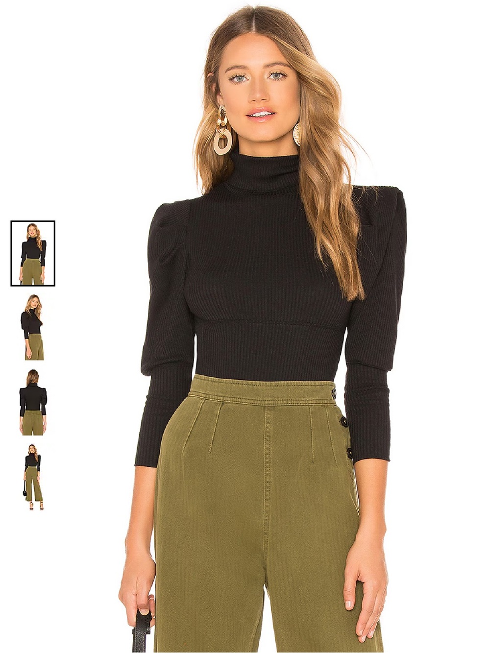 Free People Puff-Sleeve Mock Neck Ribbed Sweater - Black